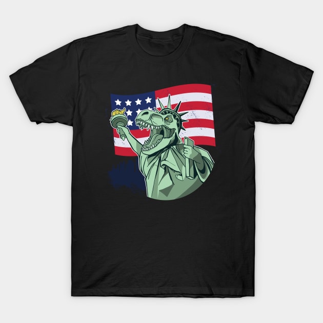 4th of July graphic Of T Rex Lady Liberty American Flag USA design T-Shirt by Bluebird Moon